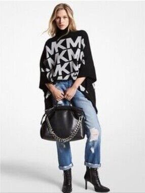 Michael Kors Black Oversized Logo Jacquard Turtleneck Poncho Sweater EUC